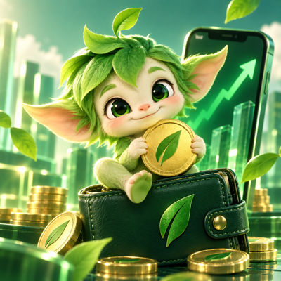 Friendly green PocketGremlin holding a gold coin